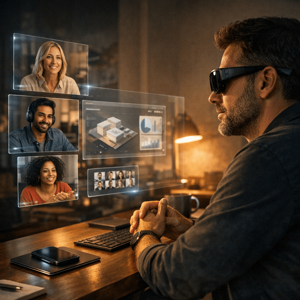 Person collaborating through holographic video windows