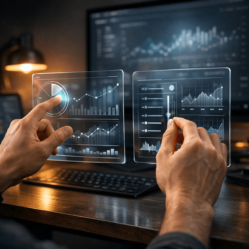 Hands controlling floating holographic panels