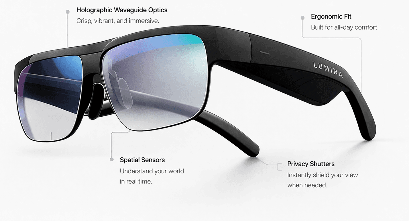 Annotated Lumina glasses render with callouts
